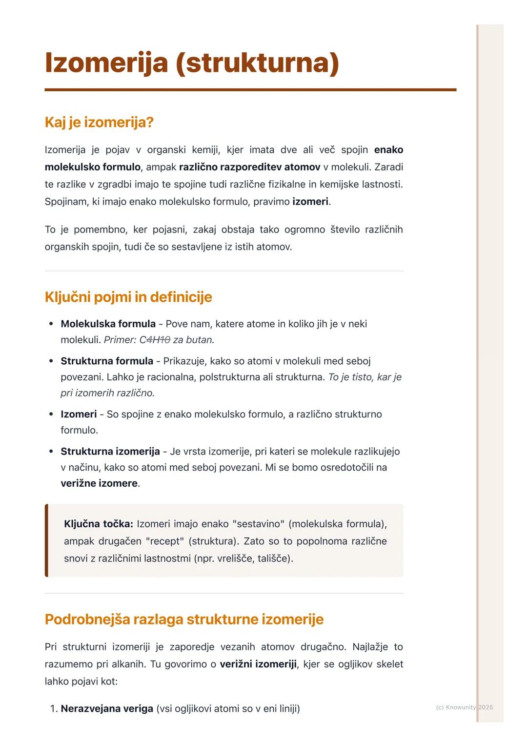 # Izomerija (strukturna)

Kaj je izomerija?

Izomerija je pojav v organski kemiji, kjer imata dve ali več spojin enako
molekulsko formulo, a