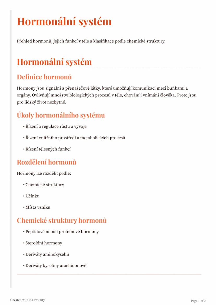# Hormonální systém

Přehled hormonů, jejich funkcí v těle a klasifikace podle chemické struktury.

# Hormonální systém

## Definice hormonů