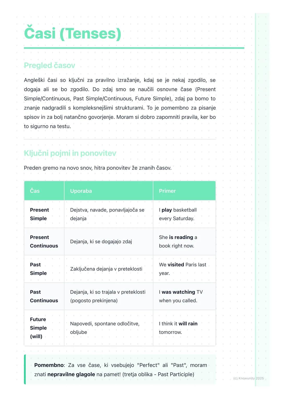 # Časi (Tenses)

Pregled časov

Angleški časi so ključni za pravilno izražanje, kdaj se je nekaj zgodilo, se
dogaja ali se bo zgodilo. Do zd