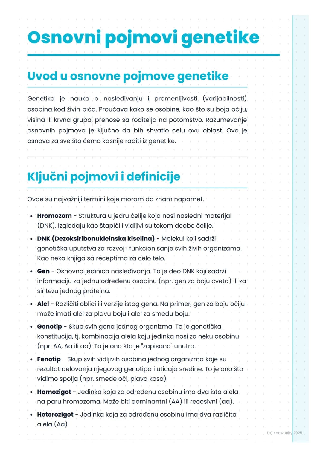 # Osnovni pojmovi genetike

## Uvod u osnovne pojmove genetike

Genetika je nauka o nasleđivanju i promenljivosti (varijabilnosti)
osobina k