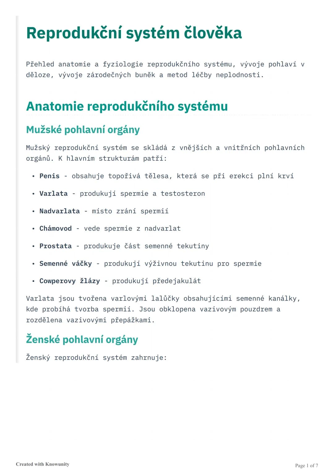 # Reprodukční systém člověka

Přehled anatomie a fyziologie reprodukčního systému, vývoje pohlaví v
děloze, vývoje zárodečných buněk a metod