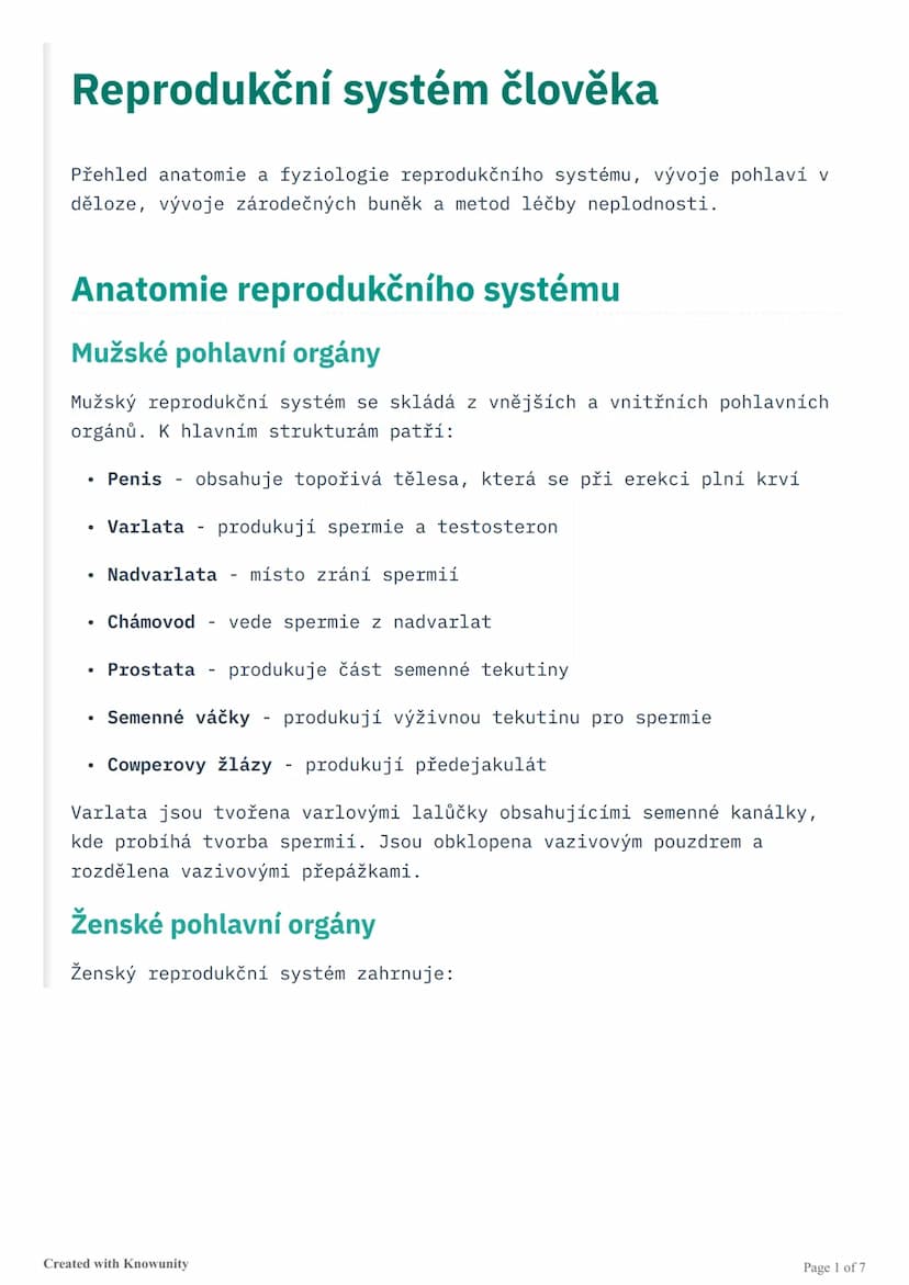 # Reprodukční systém člověka

Přehled anatomie a fyziologie reprodukčního systému, vývoje pohlaví v
děloze, vývoje zárodečných buněk a metod