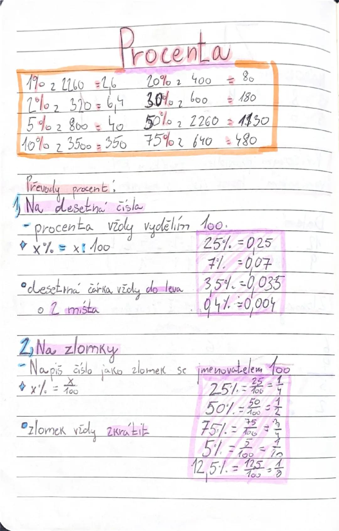 1902 2260 =2,6
2102 320=6,4
Procenta
20% 2 400 = 80
3002600
= 180
5%2800:40 50022260 = 1$30
10% 23500 = 350 75% 2 640 = 480

Převody procent