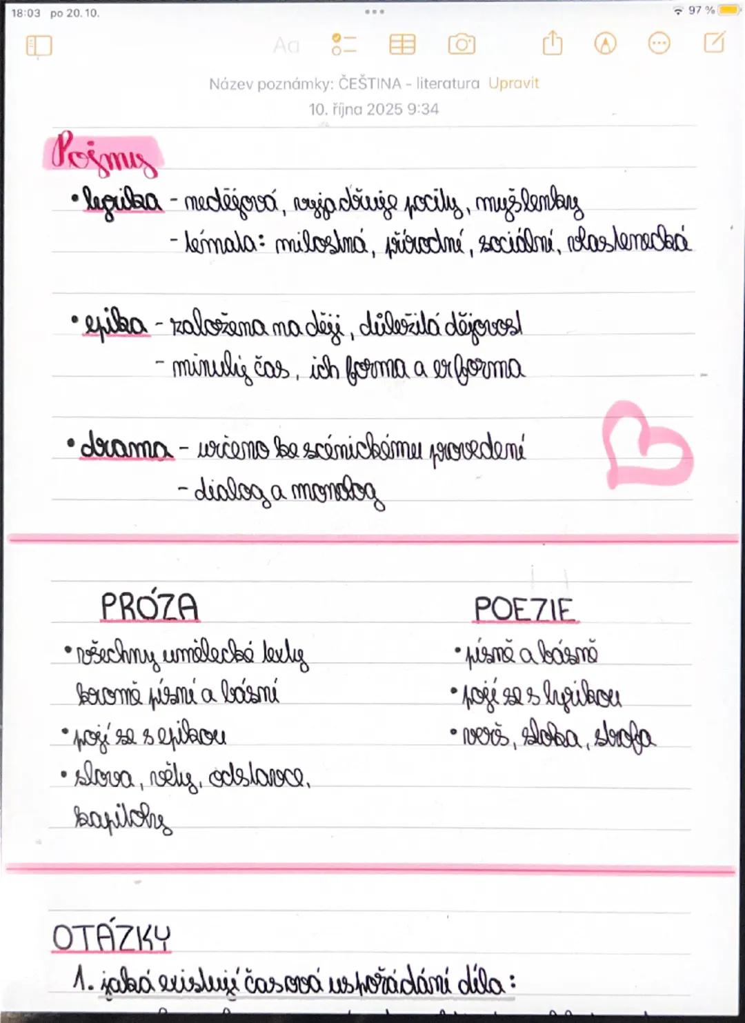 18:03 po 20.10.

Ad

Posmis
Název poznámky: ČEŠTINA - literatura Upravit
10. října 2025 9:34
•legrika - nedějová, vyjadřuje focily, myšlenba