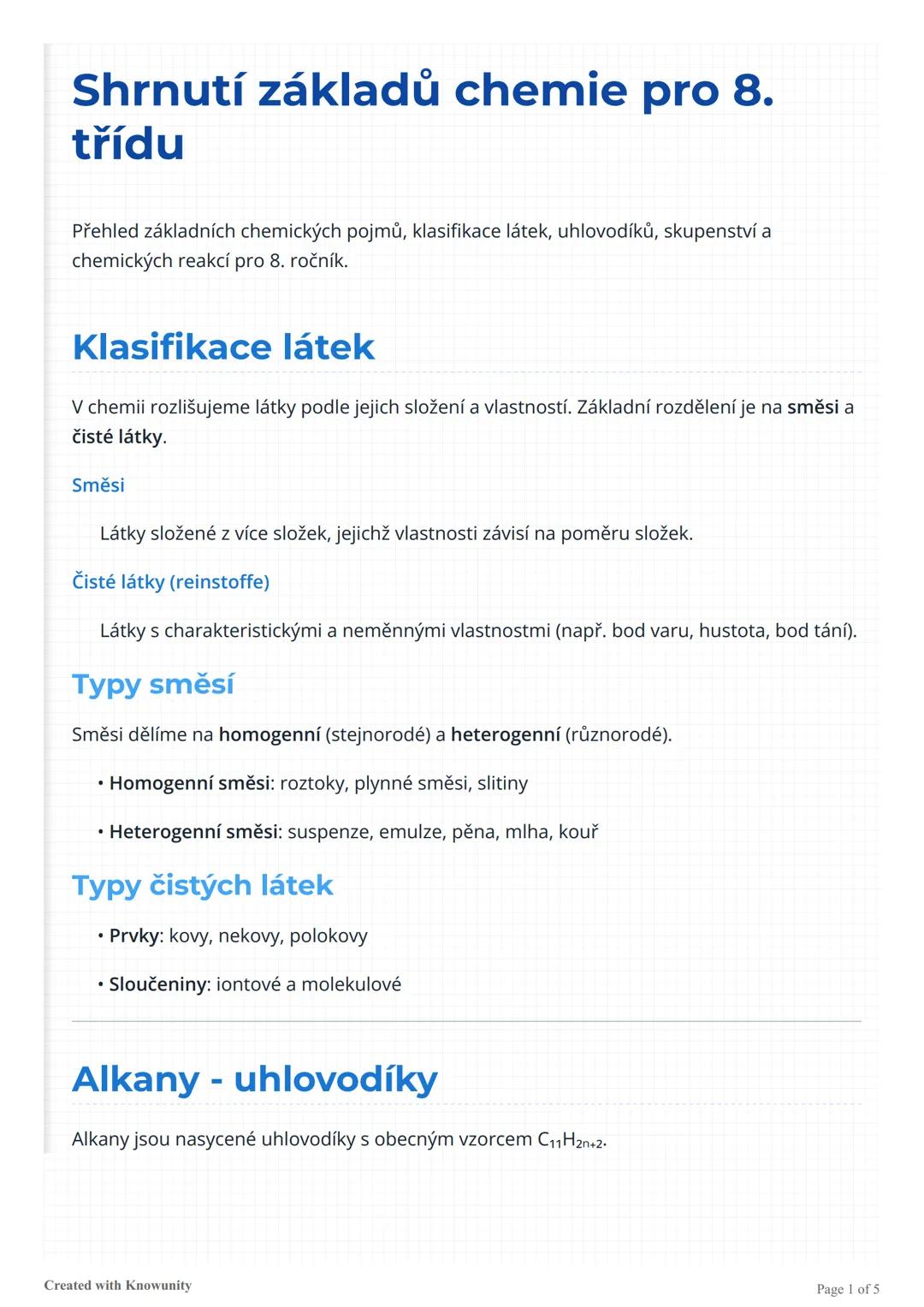 Shrnutí základů chemie pro 8.
třídu
Přehled základních chemických pojmů, klasifikace látek, uhlovodíků, skupenství a
chemických reakcí pro 8