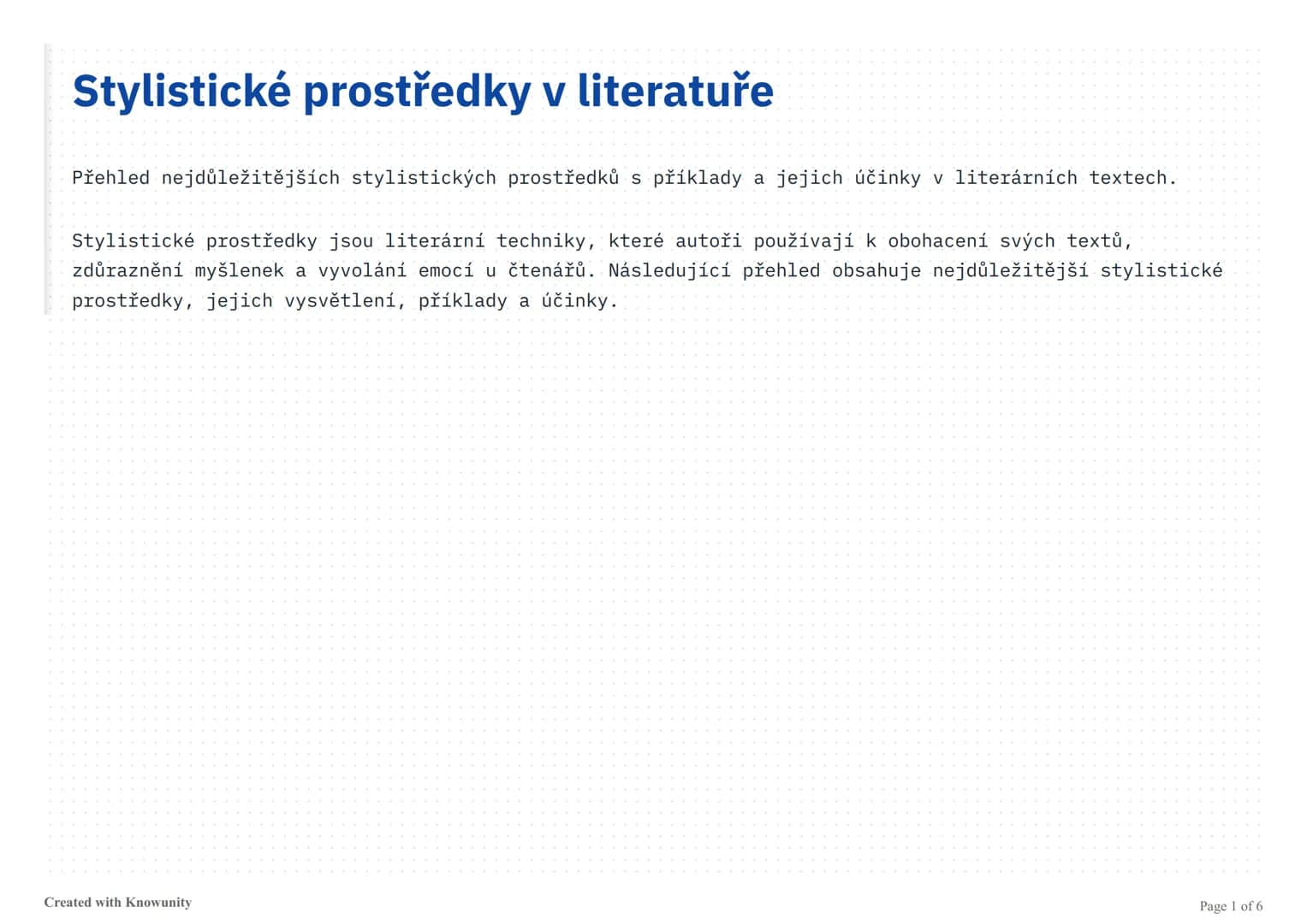 # Stylistické prostředky v literatuře

Přehled nejdůležitějších stylistických prostředků s příklady a jejich účinky v literárních textech.

