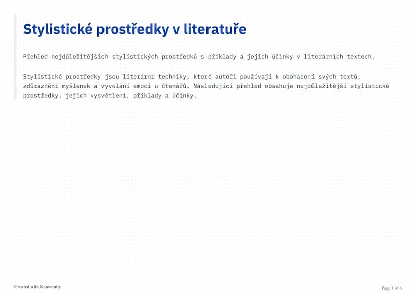 # Stylistické prostředky v literatuře

Přehled nejdůležitějších stylistických prostředků s příklady a jejich účinky v literárních textech.

