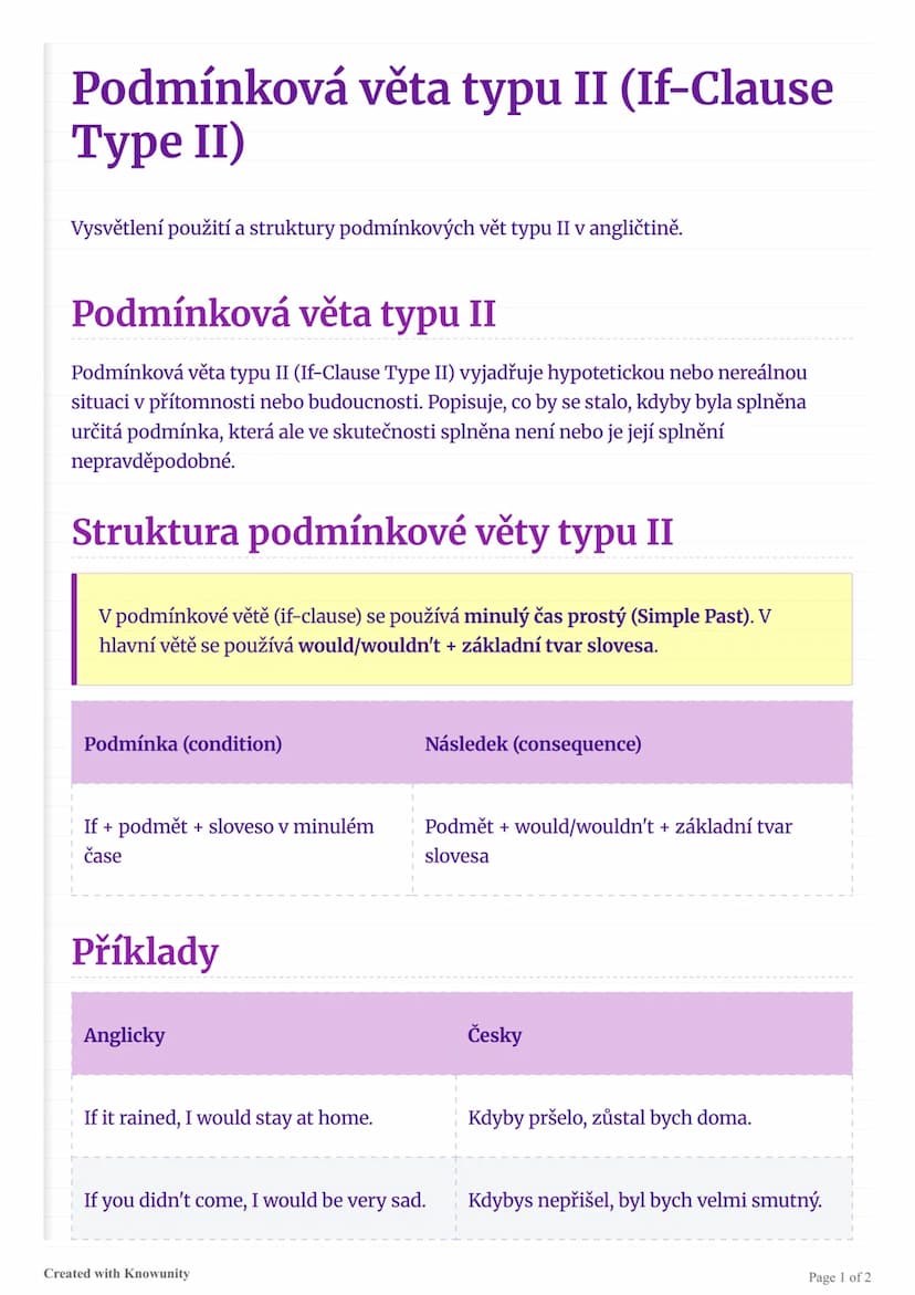 # Podmínková věta typu II (If-Clause
Type II)

Vysvětlení použití a struktury podmínkových vět typu II v angličtině.

# Podmínková věta typu