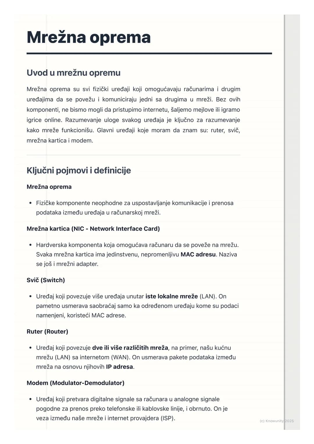 # Mrežna oprema

Uvod u mrežnu opremu

Mrežna oprema su svi fizički uređaji koji omogućavaju računarima i drugim
uređajima da se povežu i ko