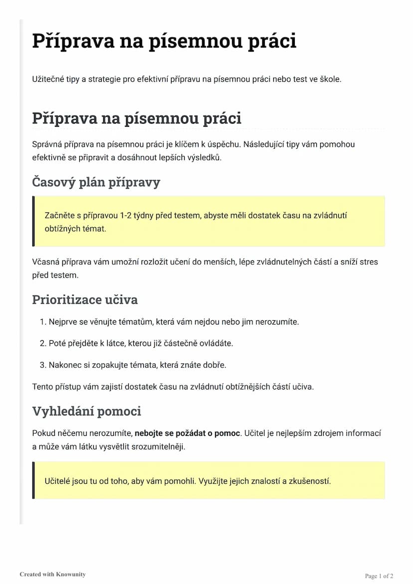 # Příprava na písemnou práci
Užitečné tipy a strategie pro efektivní přípravu na písemnou práci nebo test ve škole.

# Příprava na písemnou 