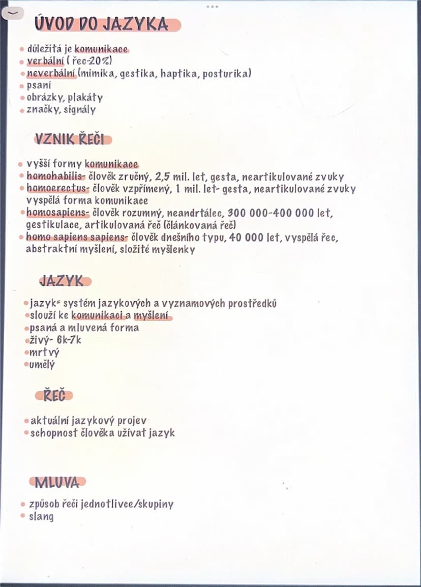 --- OCR Start ---
ÚVOD DO JAZYKA
⚫ důležitá je komunikace
• verbální (řec-20%)
⚫ neverbální (mimika, gestika, haptika, posturika)
• psaní
⚫ 