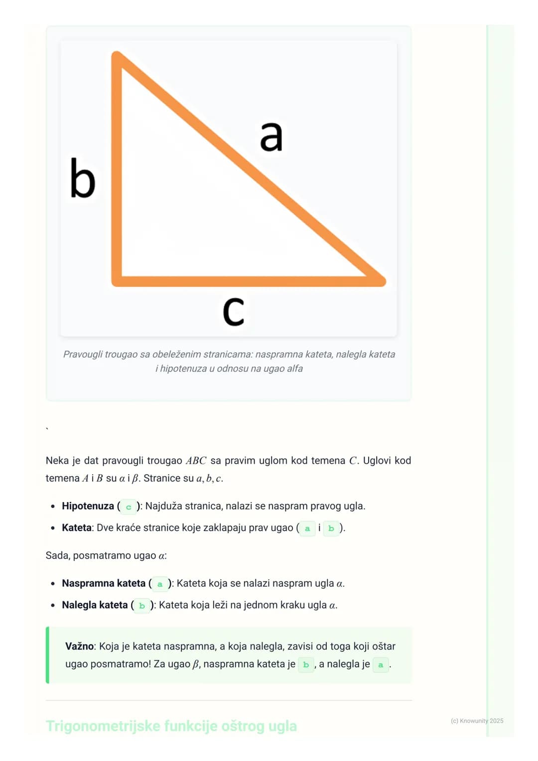# Trigonometrija pravouglog
trougla

Uvod u trigonometriju pravouglog trougla

Trigonometrija je deo matematike koji proučava odnose između 