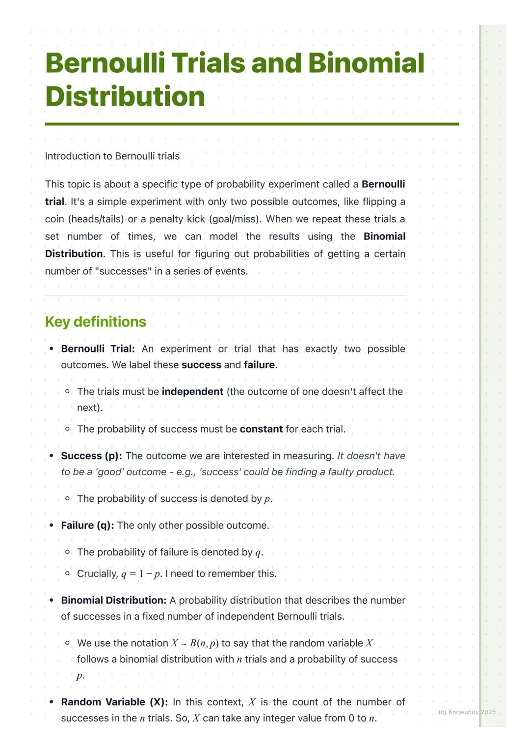 # Bernoulli Trials and Binomial
Distribution

Introduction to Bernoulli trials

This topic is about a specific type of probability experimen
