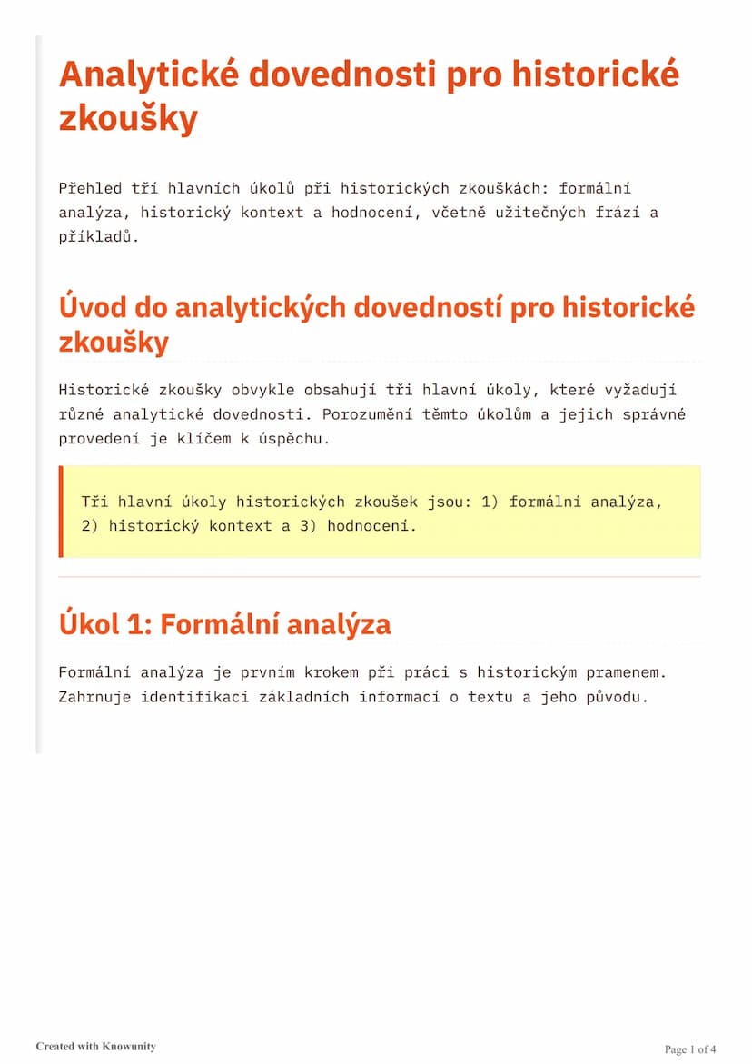 # Analytické dovednosti pro historické
zkušky

Přehled tří hlavních úkolů při historických zkouškách: formální
analýza, historický kontext a