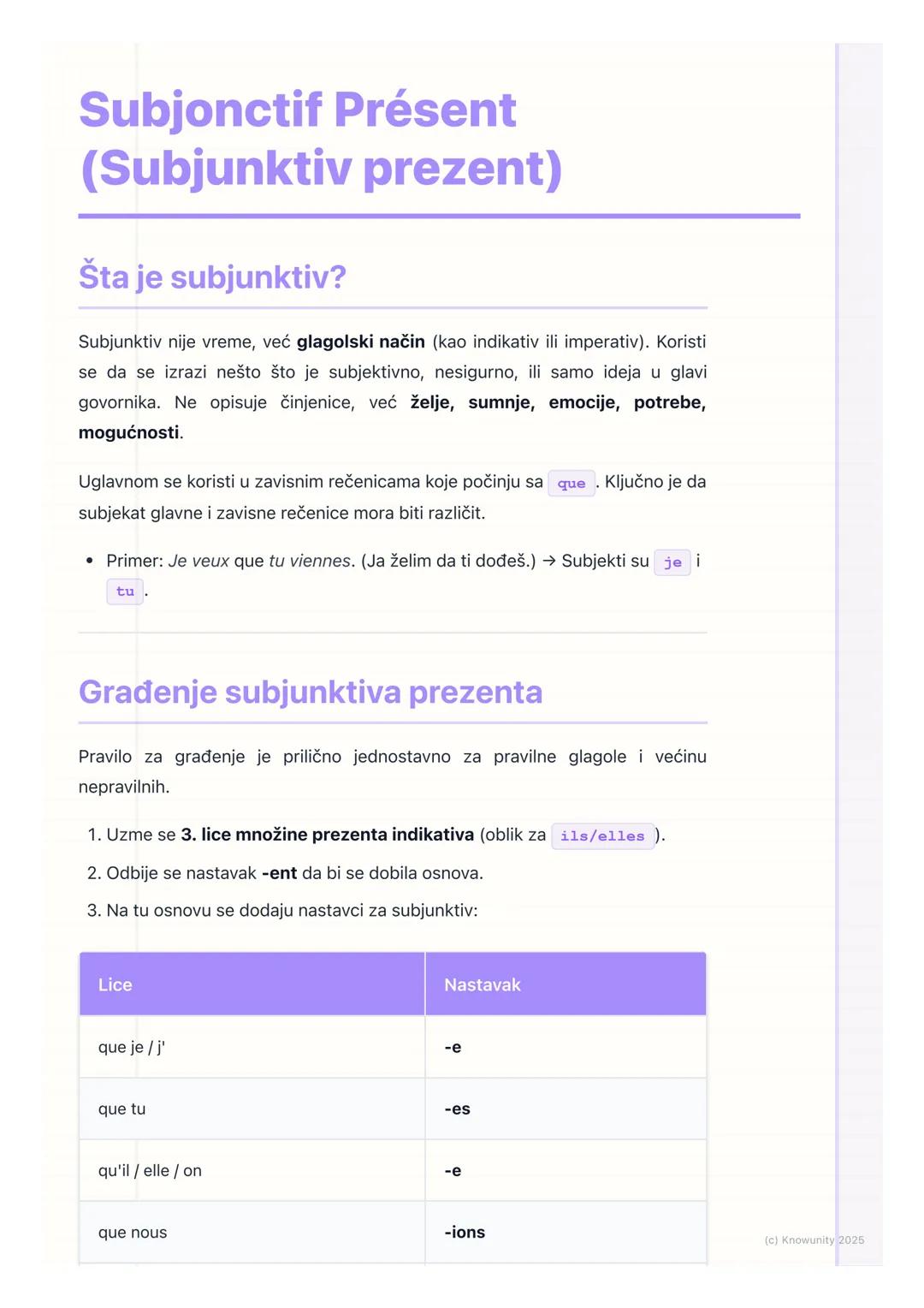 # Subjonctif Présent
(Subjunktiv prezent)

Šta je subjunktiv?

Subjunktiv nije vreme, već glagolski način (kao indikativ ili imperativ). Kor