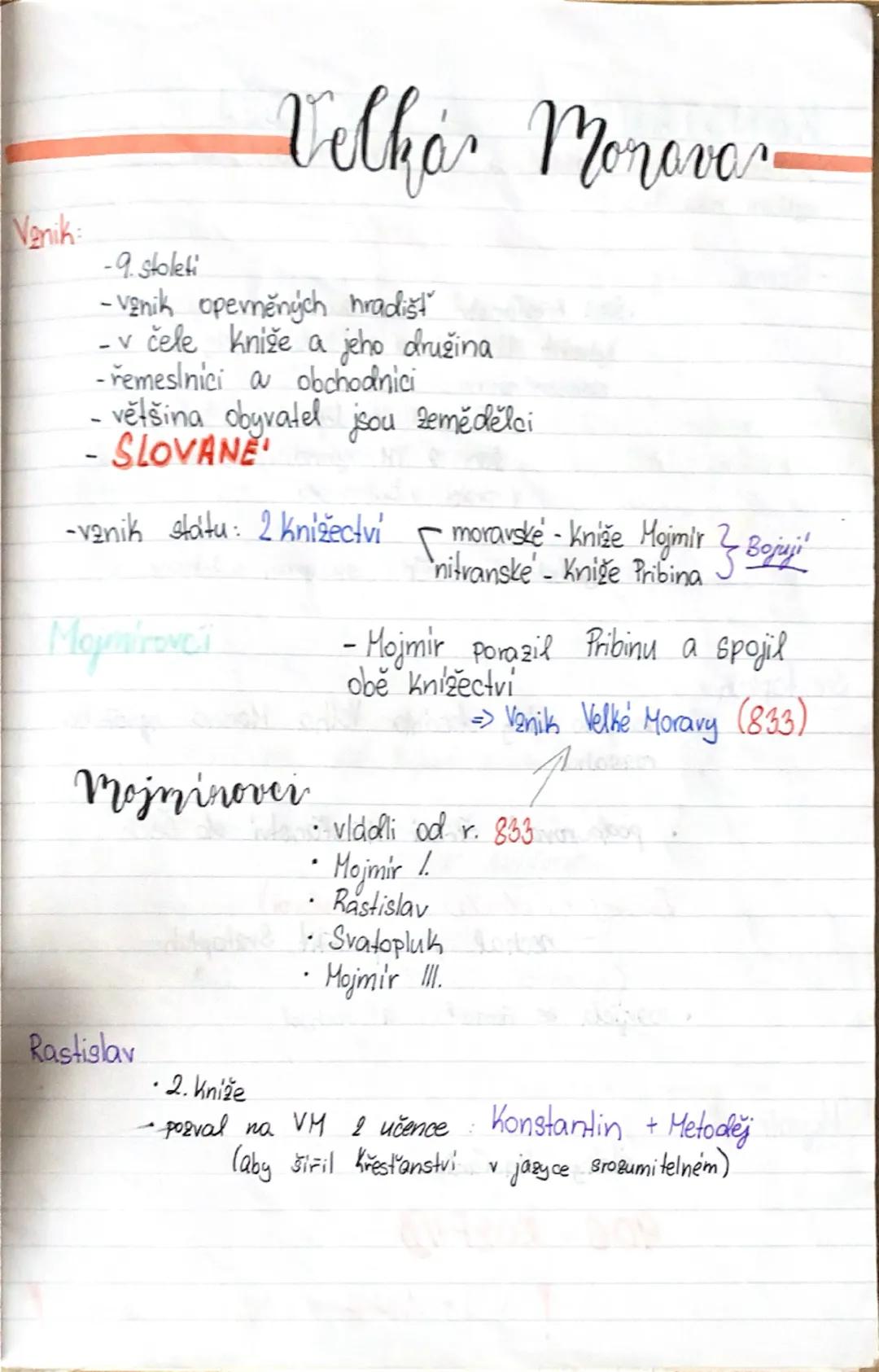 ## Velká Morava

**Venik:**
- 9. století
- vznik opevněných hradišť
- v čele kníže a jeho družina
- řemeslníci a obchodníci
- většina obyvat