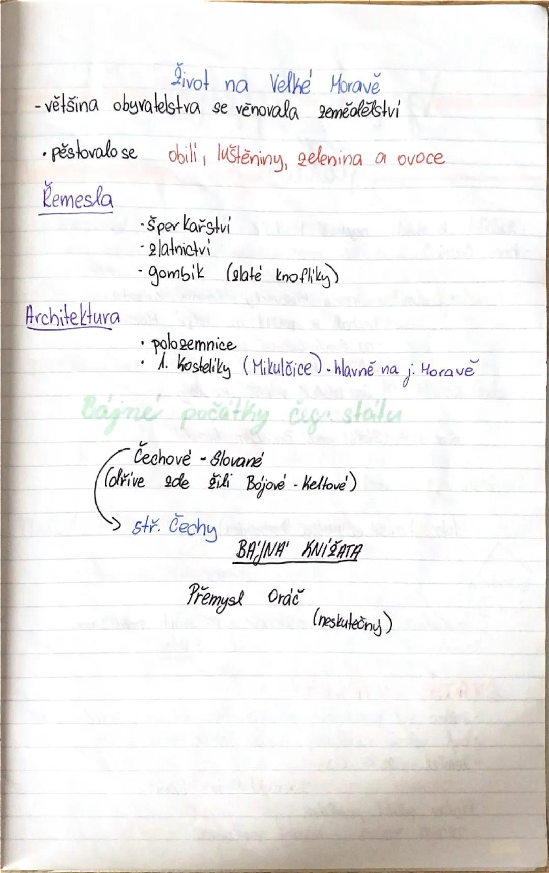 ## Velká Morava

**Venik:**
- 9. století
- vznik opevněných hradišť
- v čele kníže a jeho družina
- řemeslníci a obchodníci
- většina obyvat