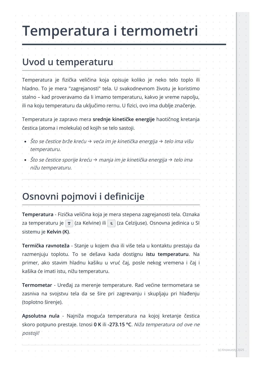 # Temperatura i termometri

Uvod u temperaturu

Temperatura je fizička veličina koja opisuje koliko je neko telo toplo ili
hladno. To je mer