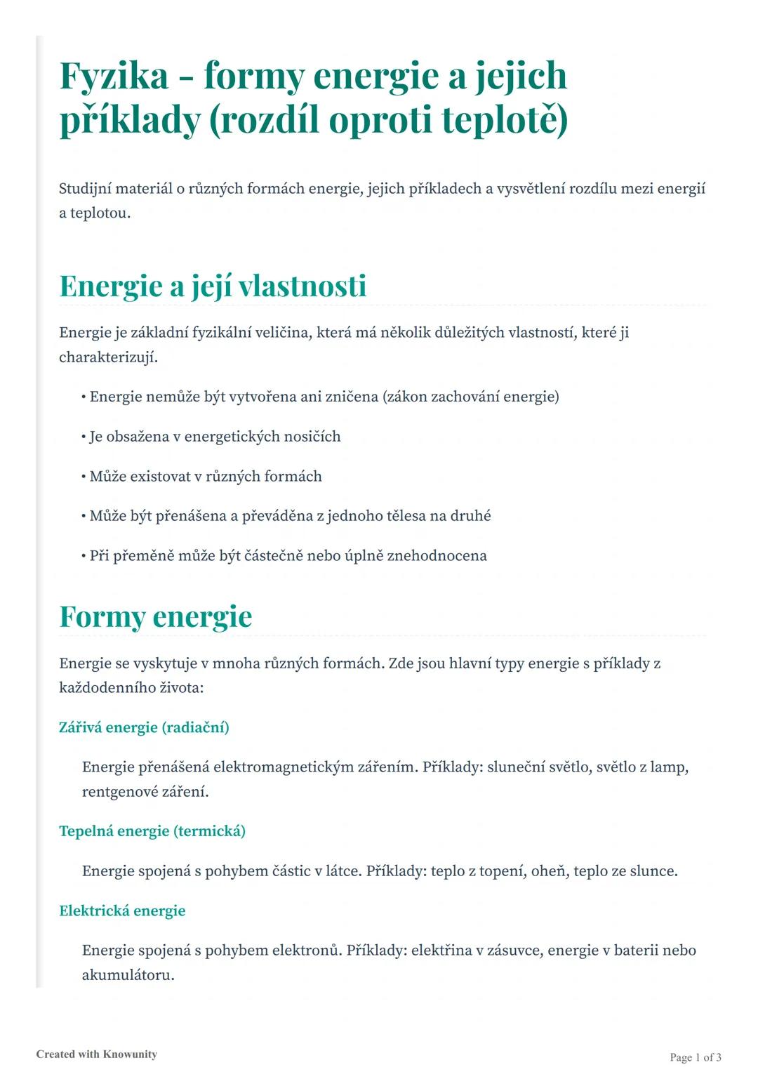 Fyzika - formy energie a jejich
příklady (rozdíl oproti teplotě)
Studijní materiál o různých formách energie, jejich příkladech a vysvětlení