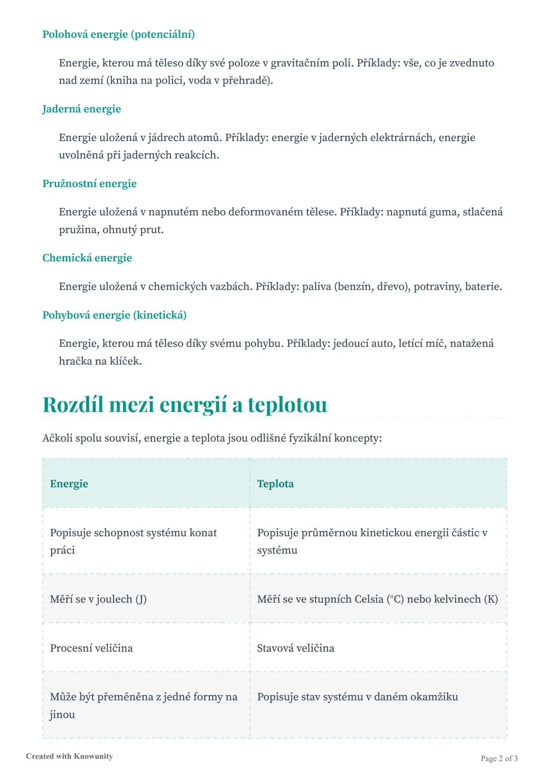 Fyzika - formy energie a jejich
příklady (rozdíl oproti teplotě)
Studijní materiál o různých formách energie, jejich příkladech a vysvětlení