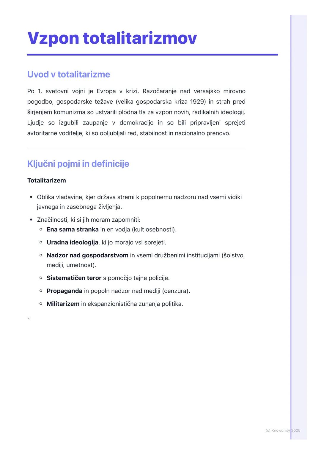 # Vzpon totalitarizmov

Uvod v totalitarizme

Po 1. svetovni vojni je Evropa v krizi. Razočaranje nad versajsko mirovno
pogodbo, gospodarske