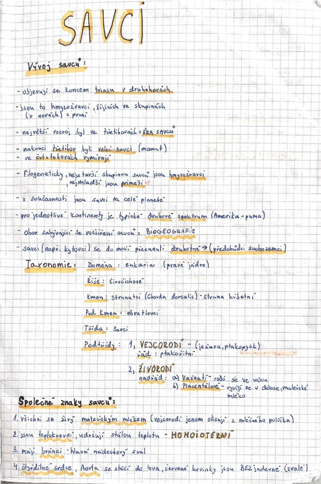 # SAVCI

Vývoj savcu:
- objevují se koncem triasu v druhohovach
-jsou to hmyzožravci, žijících ve skupinách
(v novach) = pruni
- největší vo