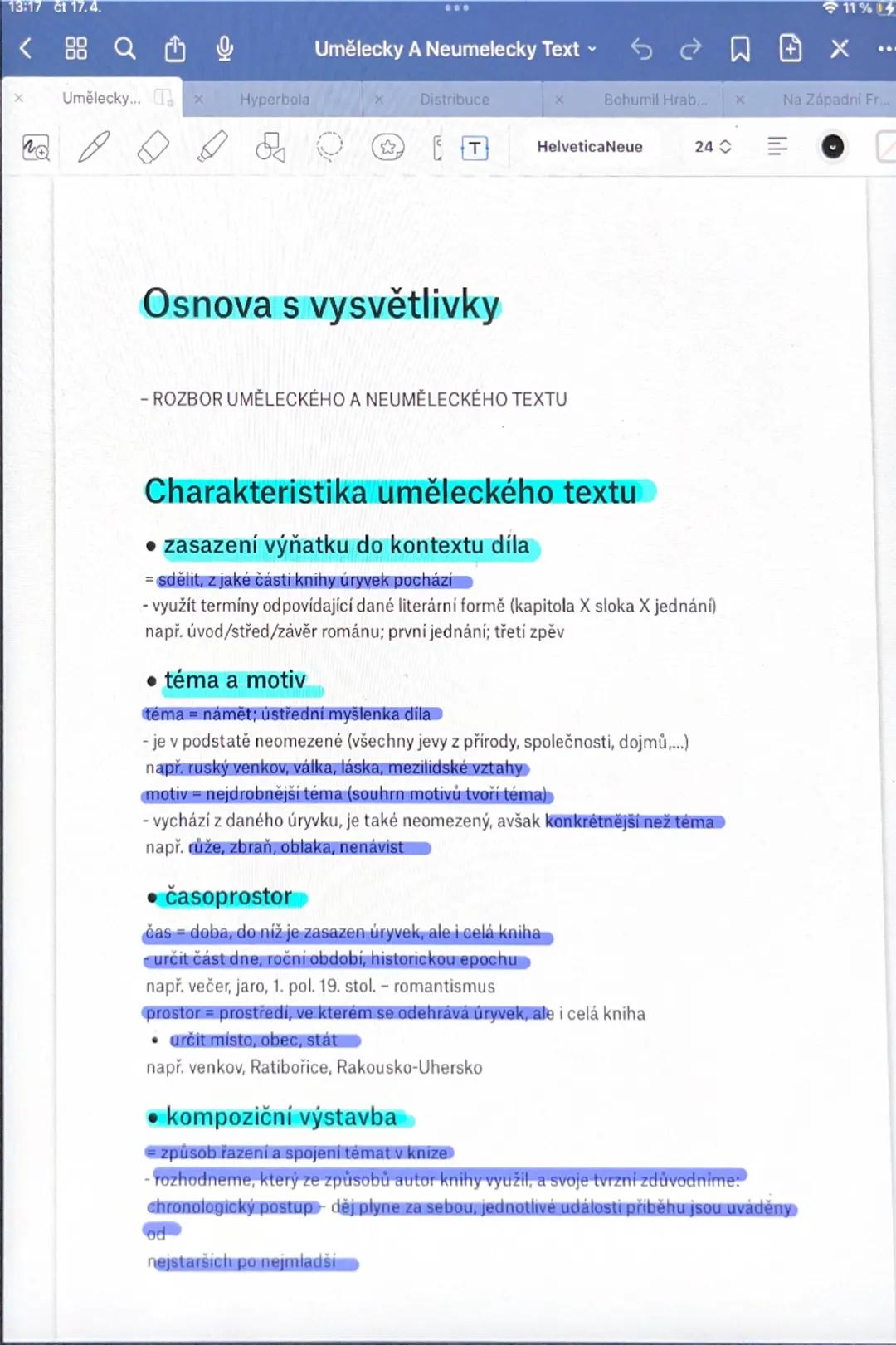 # Osnova s vysvětlivky

- ROZBOR UMĚLECKÉHO A NEUMĚLECKÉHO TEXTU

# Charakteristika uměleckého textu

- zasazení výňatku do kontextu díla
  