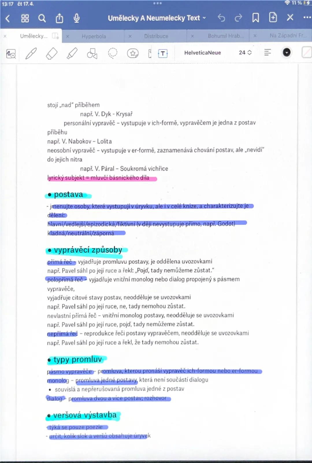 # Osnova s vysvětlivky

- ROZBOR UMĚLECKÉHO A NEUMĚLECKÉHO TEXTU

# Charakteristika uměleckého textu

- zasazení výňatku do kontextu díla
  