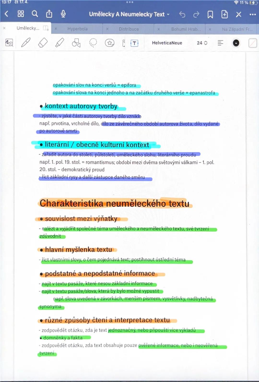 # Osnova s vysvětlivky

- ROZBOR UMĚLECKÉHO A NEUMĚLECKÉHO TEXTU

# Charakteristika uměleckého textu

- zasazení výňatku do kontextu díla
  