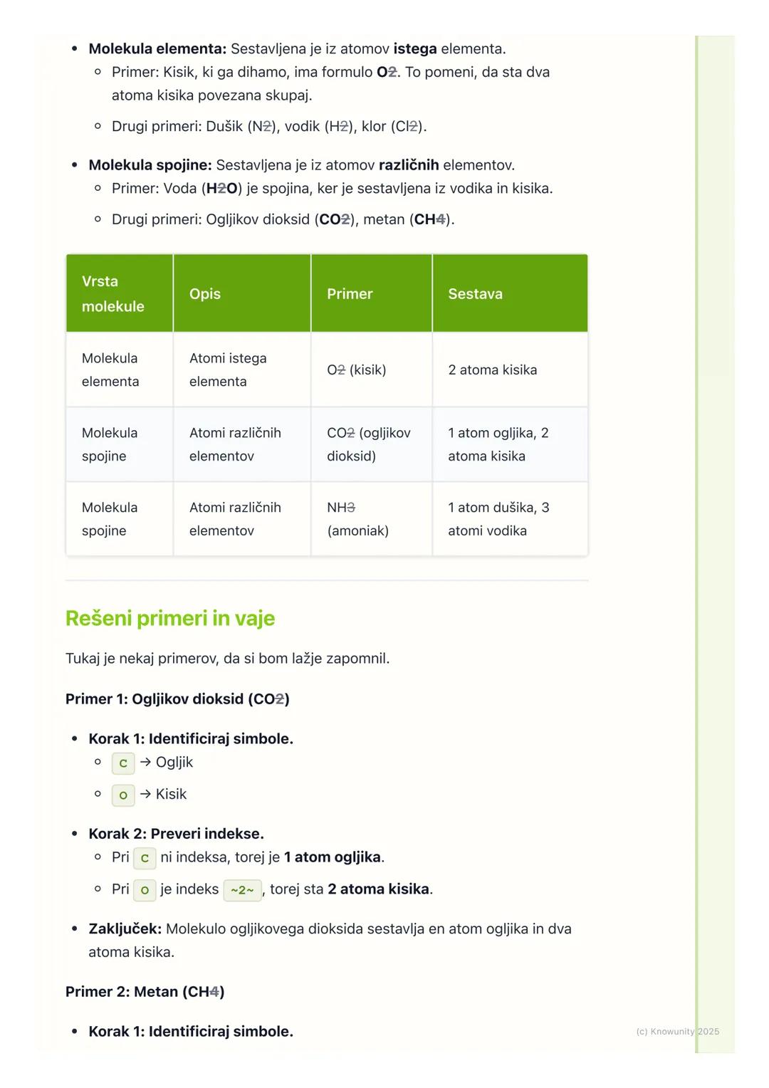# Molekule in kemijske formule

Uvod v molekule

Atomi se redko nahajajo sami. Ponavadi se povezujejo med seboj v večje
skupine, ki jih imen