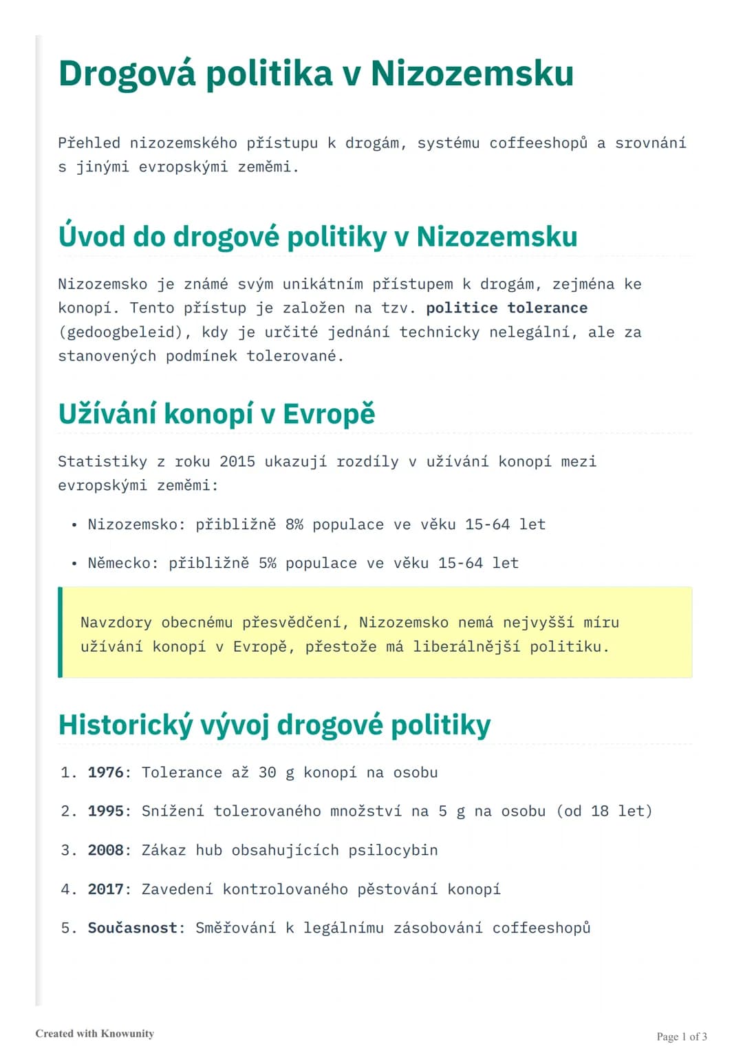 # Drogová politika v Nizozemsku

Přehled nizozemského přístupu k drogám, systému coffeeshopů a srovnání
s jinými evropskými zeměmi.

# Úvod 