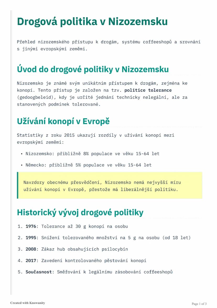 # Drogová politika v Nizozemsku

Přehled nizozemského přístupu k drogám, systému coffeeshopů a srovnání
s jinými evropskými zeměmi.

# Úvod 