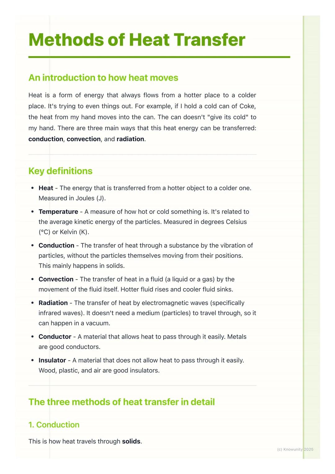 # Methods of Heat Transfer

An introduction to how heat moves

Heat is a form of energy that always flows from a hotter place to a colder
pl