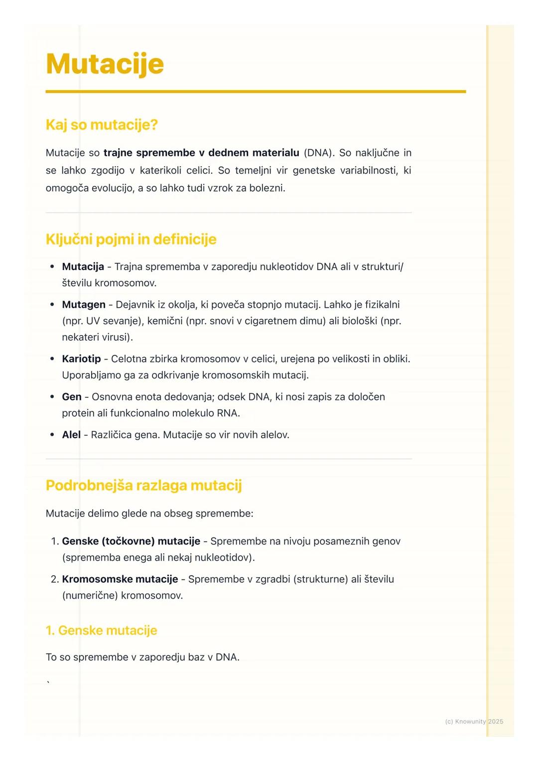 # Mutacije

Kaj so mutacije?

Mutacije so trajne spremembe v dednem materialu (DNA). So naključne in
se lahko zgodijo v katerikoli celici. S