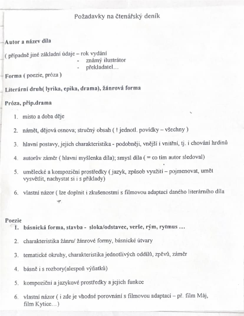 --- OCR Start ---
Autor a název díla
Požadavky na čtenářský deník
(případně jiné základní údaje rok vydání
Forma (poezie, próza)
známý ilust