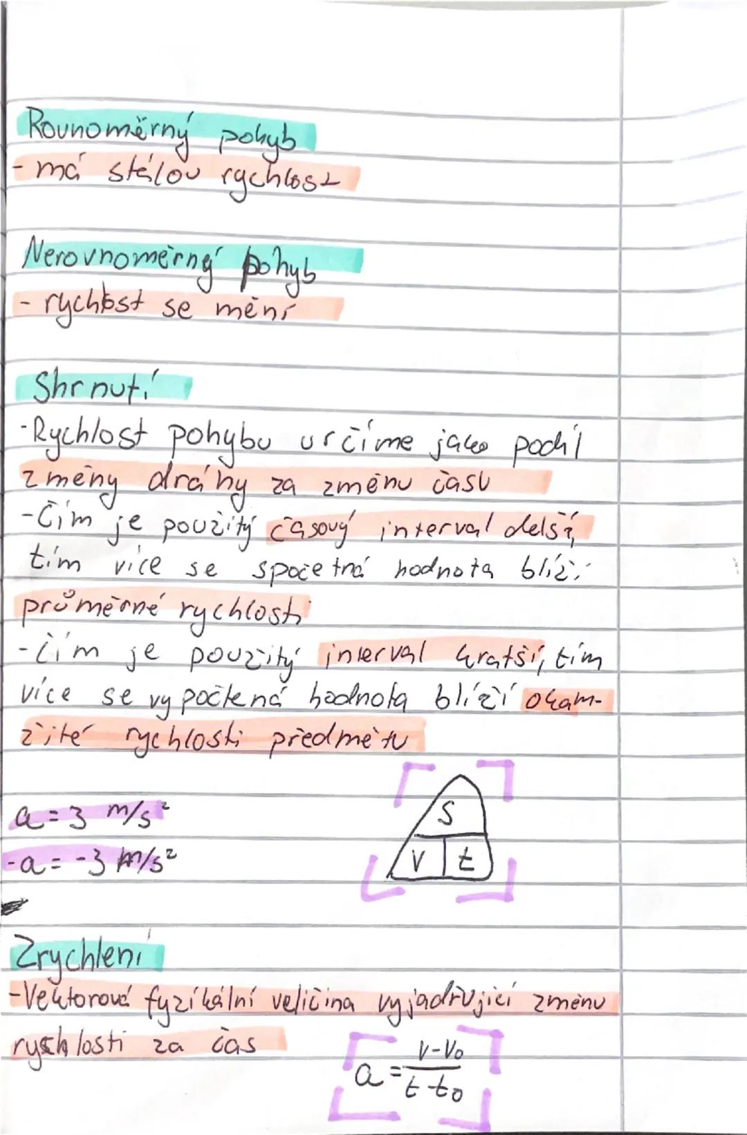 --- OCR Start ---
Rovnoměrný pohyb
-má stálou rychlost
Nerovnomerný pohyb
rychlost se mění
Shrnuti
- Rychlost pohybu určíme jako pochil
zmén
