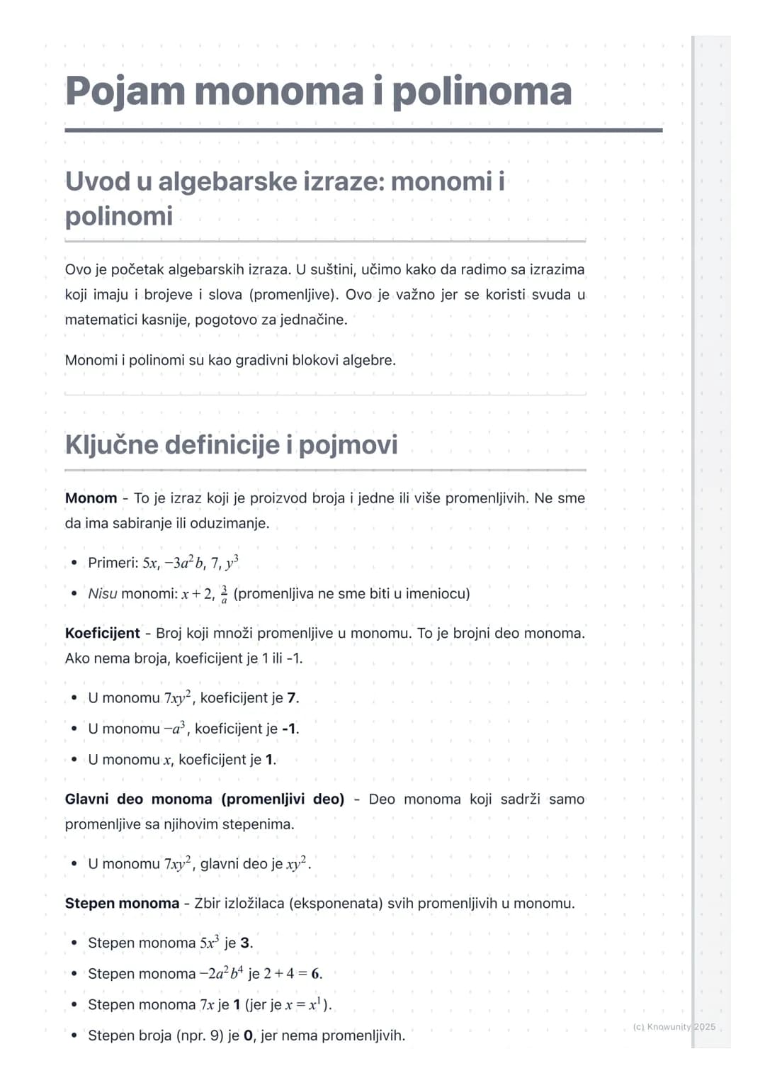 # Pojam monoma i polinoma

Uvod u algebarske izraze: monomi i
polinomi

Ovo je početak algebarskih izraza. U suštini, učimo kako da radimo s