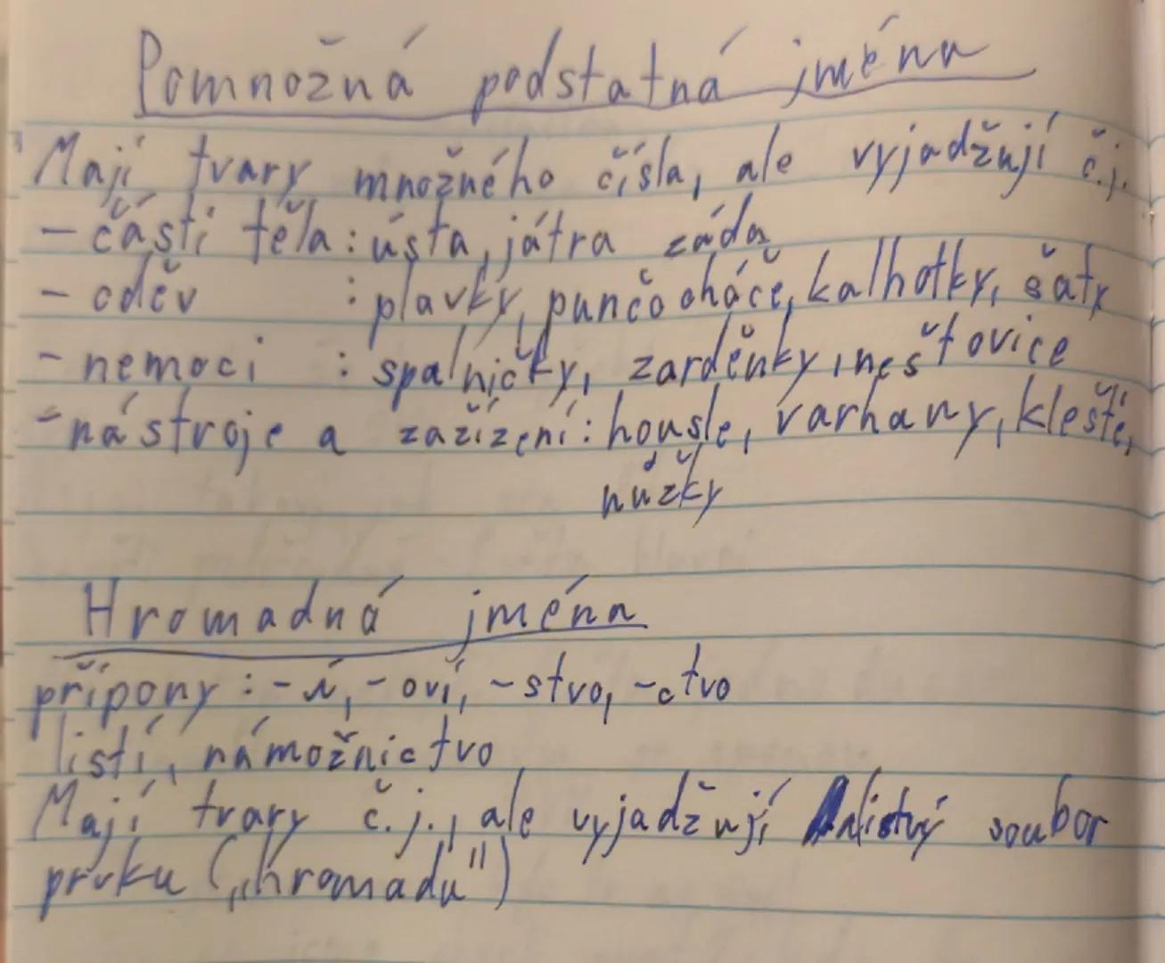 # Pomnožná podstatná jména

Mají tvary množného čísla, ale vyjadžují č.j.

- casti tela: usta, játra enda
- oděv : plavky punčocháče, kalhot