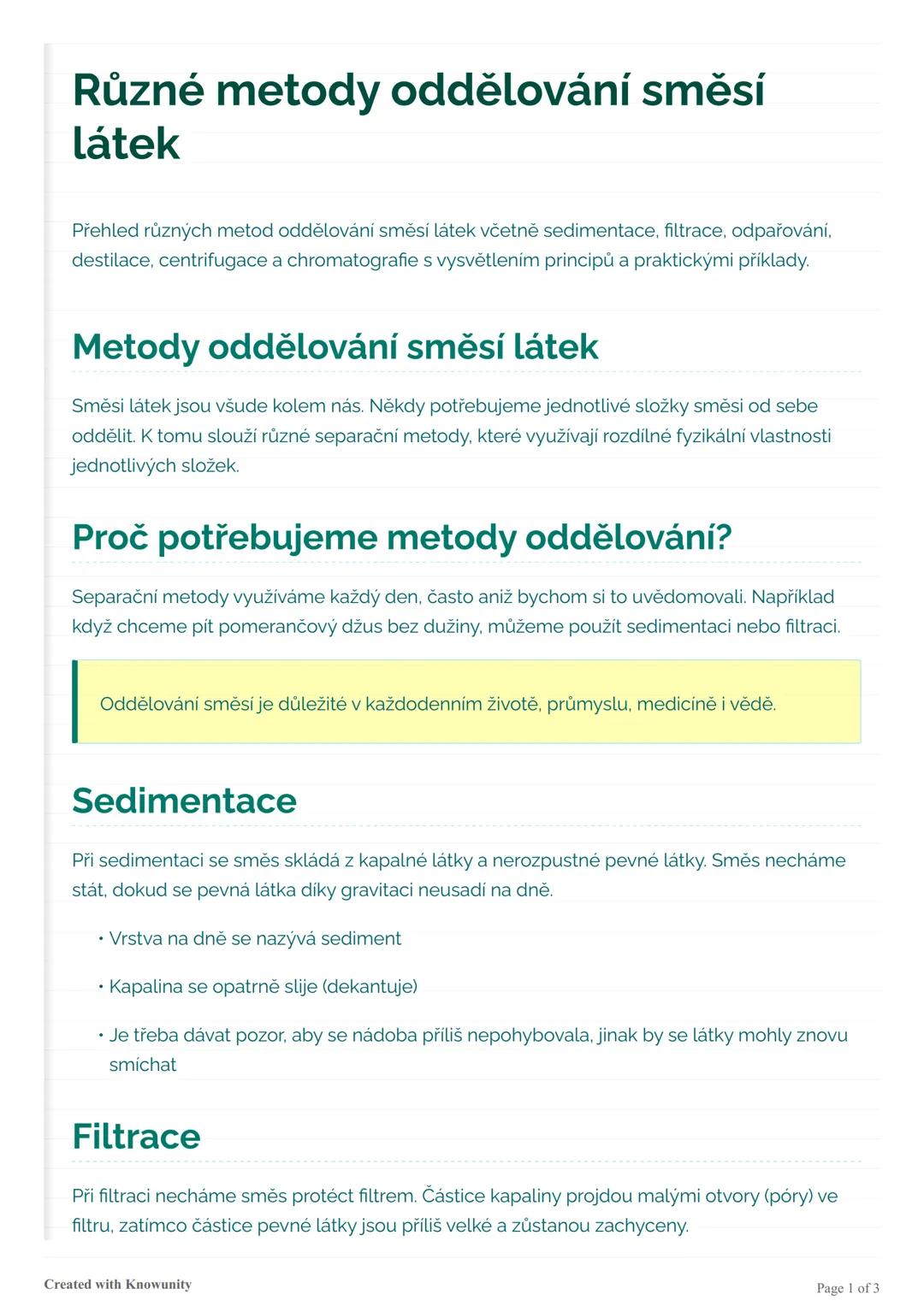 Různé metody oddělování směsí látek