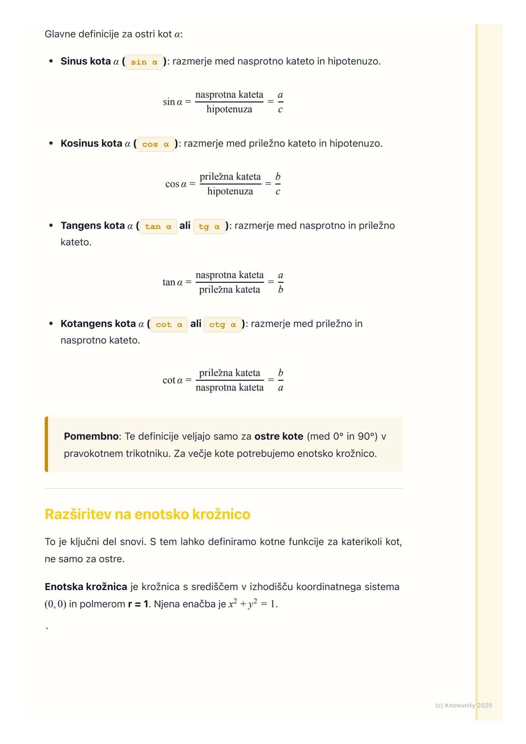 # Kotne funkcije v pravokotnem
trikotniku in na enotski
krožnici

Ponovitev kotnih funkcij v pravokotnem trikotniku

To je osnova, ki jo mor