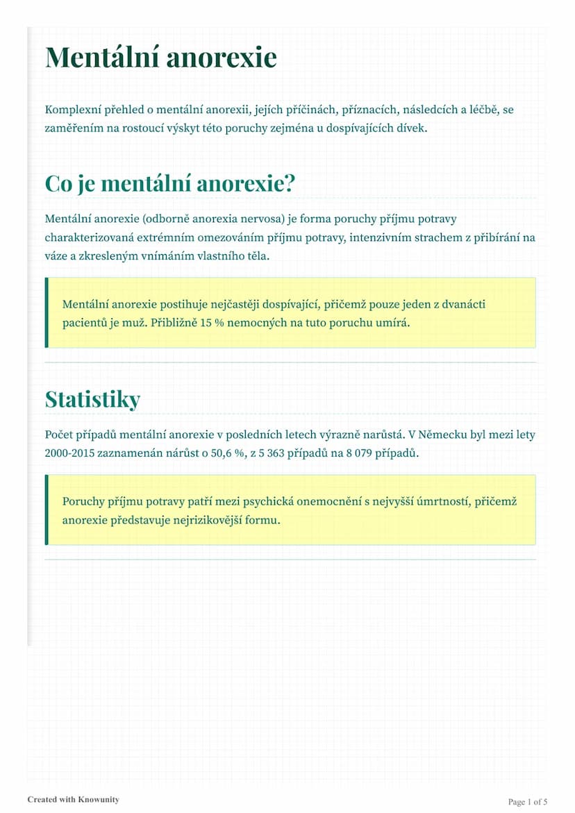 # Mentální anorexie

Komplexní přehled o mentální anorexii, jejích příčinách, příznacích, následcích a léčbě, se
zaměřením na rostoucí výsky