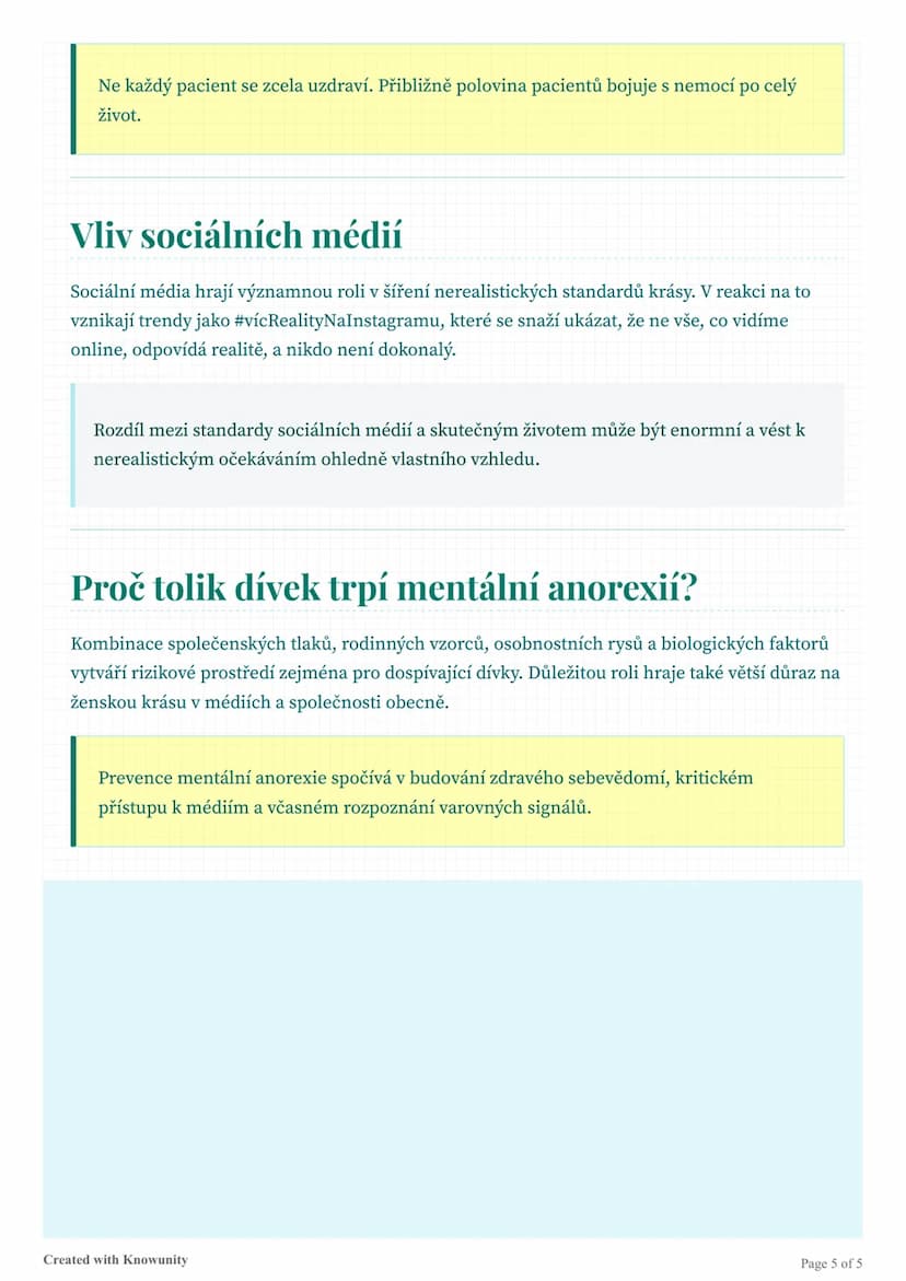 # Mentální anorexie

Komplexní přehled o mentální anorexii, jejích příčinách, příznacích, následcích a léčbě, se
zaměřením na rostoucí výsky