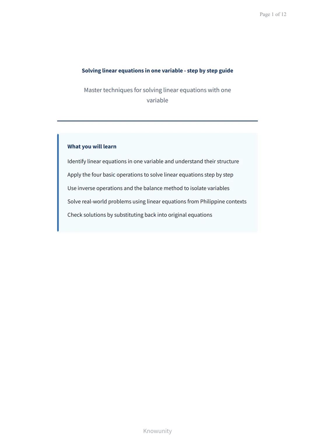 Solving linear equations in one variable - step by step guide
Master techniques for solving linear equations with one
variable
What you will