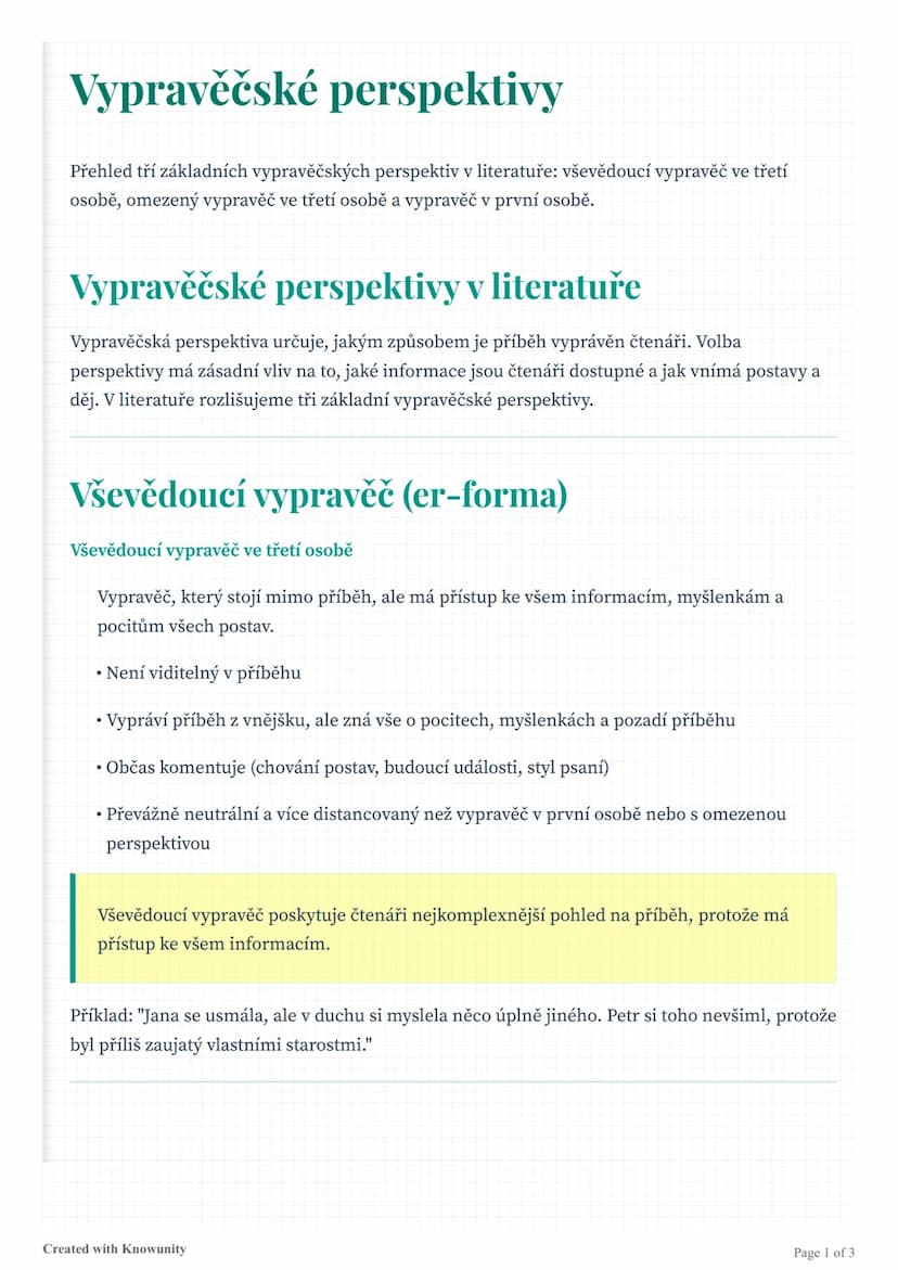 # Vypravěčské perspektivy

Přehled tří základních vypravěčských perspektiv v literatuře: vševědoucí vypravěč ve třetí
osobě, omezený vypravě