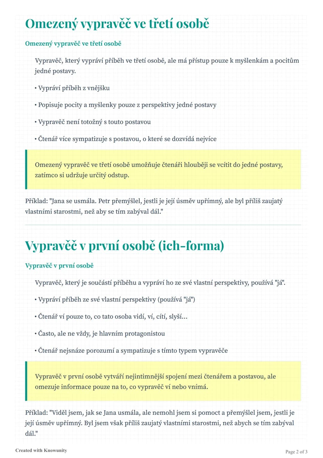 # Vypravěčské perspektivy

Přehled tří základních vypravěčských perspektiv v literatuře: vševědoucí vypravěč ve třetí
osobě, omezený vypravě