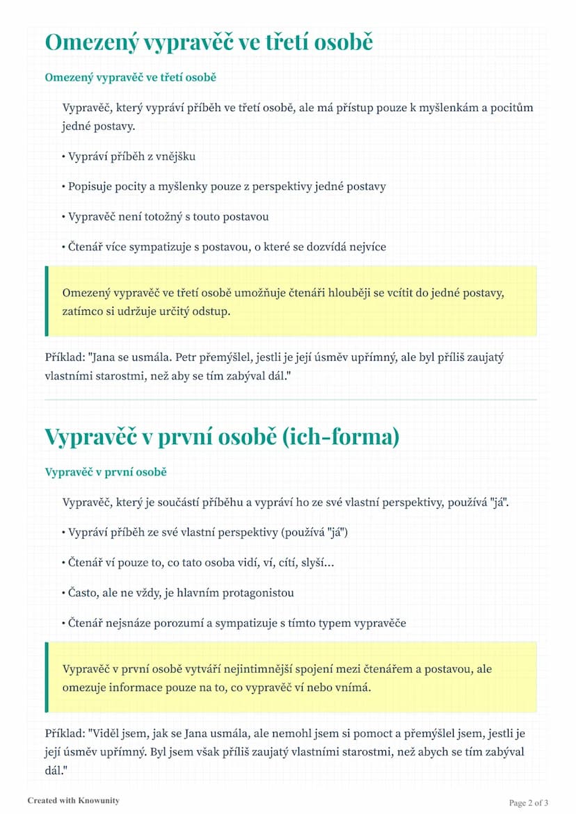 # Vypravěčské perspektivy

Přehled tří základních vypravěčských perspektiv v literatuře: vševědoucí vypravěč ve třetí
osobě, omezený vypravě