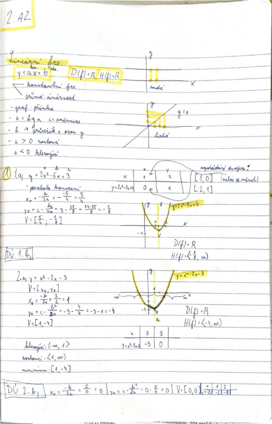 # 1 Kvadratická funkce
Je to každá funkce tvaru $y = ax^2 + bx + c$, a, b, c ∈ R; a ≠ 0;
D(f) = R; obor hodnot je omezený – záleží na tvaru 