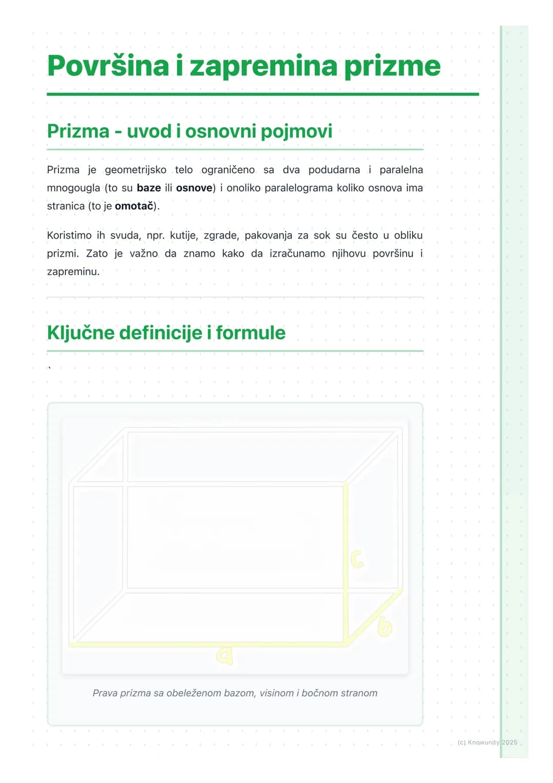 # Površina i zapremina prizme

## Prizma - uvod i osnovni pojmovi

Prizma je geometrijsko telo ograničeno sa dva podudarna i paralelna
mnogo