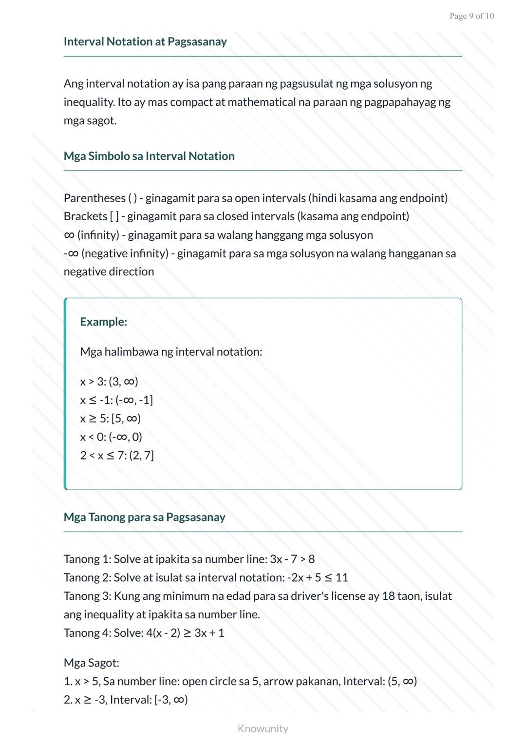 Mga Linear Equation at Inequality: Paglalarawan gamit sa Number Line
Pag-aaral ng mga linear inequality at paggamit ng number
line
Mga Layun