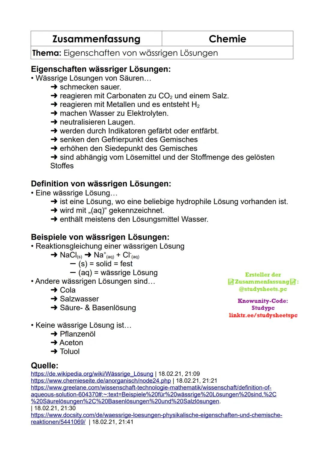 Zusammenfassung
Chemie
Thema: Eigenschaften von wässrigen Lösungen

Eigenschaften wässriger Lösungen:
• Wässrige Lösungen von Säuren...
→ sc